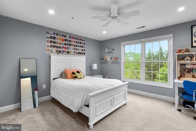 8800 Primula Dr, Laytonsville, MD 20882 - bedroom with light carpet, baseboards, recessed lighting, and ceiling fan