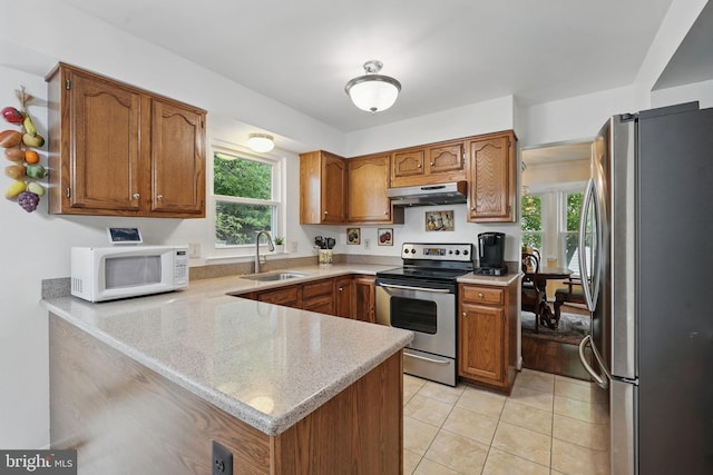26 Spring Lake Dr, Stafford, VA 22556 - kitchen featuring appliances with stainless steel finishes, a sink, under cabinet range hood, a peninsula, and brown cabinetry