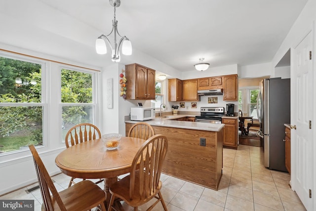 26 Spring Lake Dr, Stafford, VA 22556 - kitchen with stainless steel appliances, under cabinet range hood, a peninsula, and brown cabinets