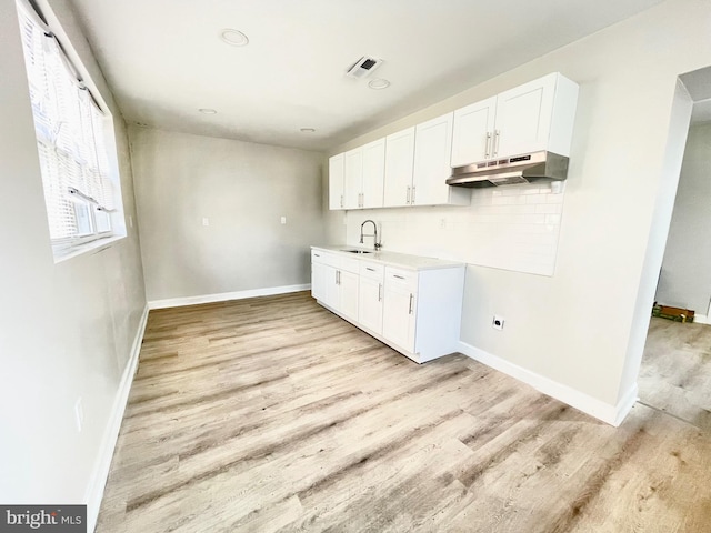 6227 Callowhill St, Philadelphia, PA 19151 - kitchen featuring under cabinet range hood, a sink, light wood-style flooring, and white cabinetry