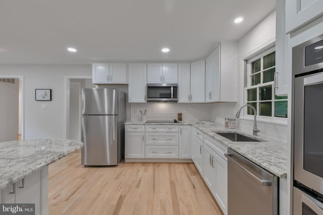 1334 Elsinore Ave, Mclean, VA 22102 - kitchen with appliances with stainless steel finishes, a sink, white cabinetry, light stone countertops, and recessed lighting