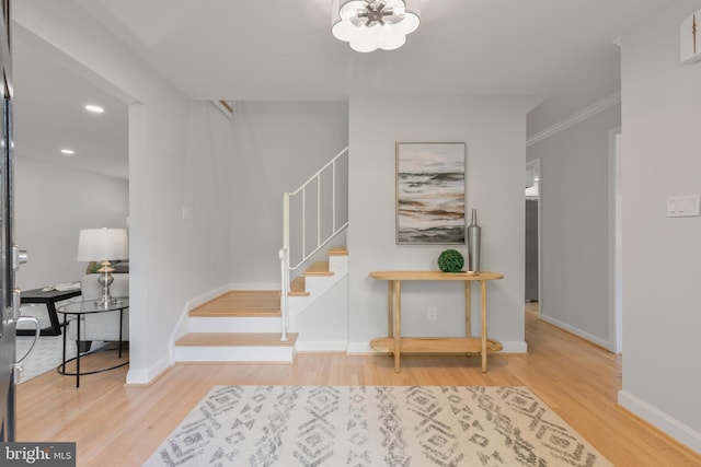 1334 Elsinore Ave, Mclean, VA 22102 - entrance foyer with stairway, a chandelier, wood finished floors, baseboards, and recessed lighting