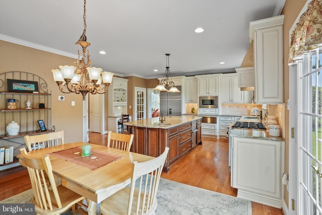 2860 Pfefferkorn Rd, West Friendship, MD 21794 - dining space with crown molding, light wood-style floors, a chandelier, and recessed lighting