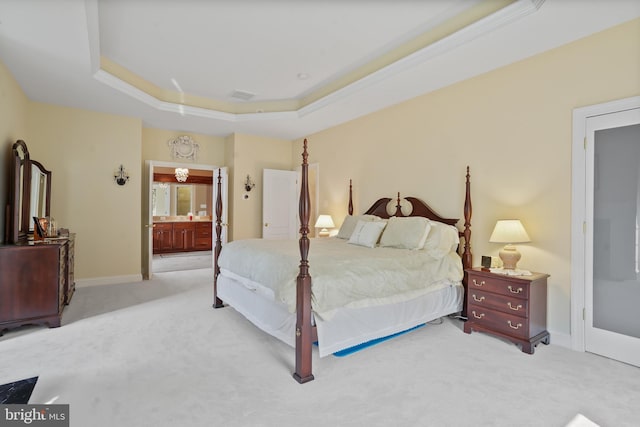 2860 Pfefferkorn Rd, West Friendship, MD 21794 - bedroom featuring carpet flooring, a tray ceiling, connected bathroom, and baseboards