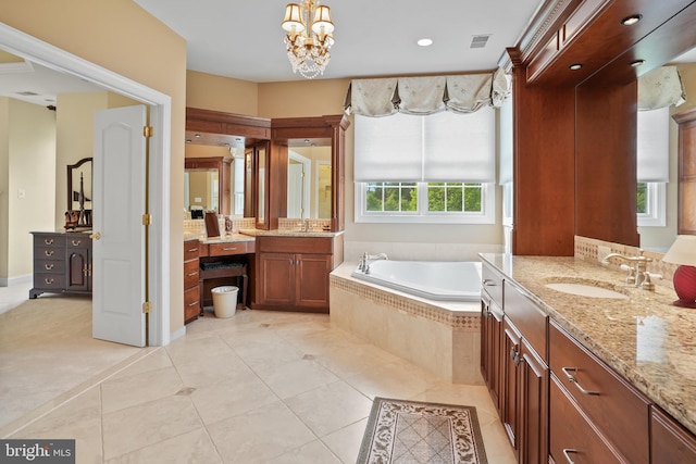2860 Pfefferkorn Rd, West Friendship, MD 21794 - full bathroom featuring a bath, two vanities, tile patterned floors, and a chandelier