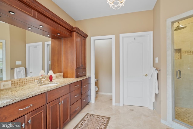 2860 Pfefferkorn Rd, West Friendship, MD 21794 - bathroom featuring a shower stall, vanity, tile patterned flooring, toilet, and a chandelier