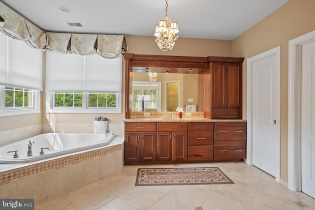 2860 Pfefferkorn Rd, West Friendship, MD 21794 - bathroom with a chandelier, vanity, a garden tub, and tile patterned floors