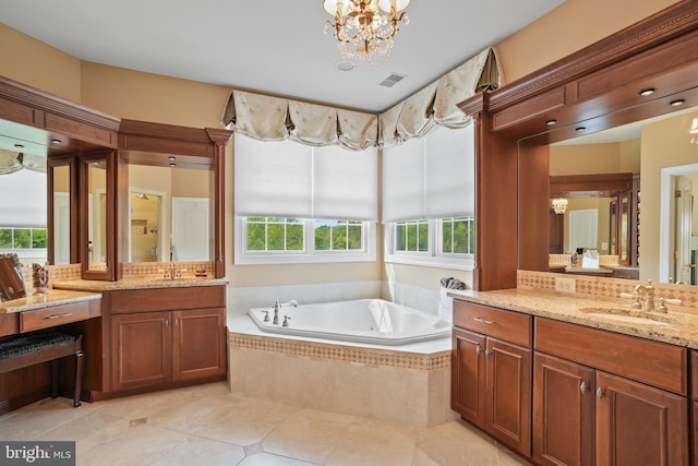 2860 Pfefferkorn Rd, West Friendship, MD 21794 - full bathroom featuring a garden tub, two vanities, tile patterned flooring, and a chandelier