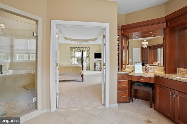 2860 Pfefferkorn Rd, West Friendship, MD 21794 - full bathroom with connected bathroom, tile patterned floors, vanity, a shower stall, and a chandelier