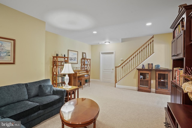 2860 Pfefferkorn Rd, West Friendship, MD 21794 - living area featuring light carpet, stairway, recessed lighting, and baseboards