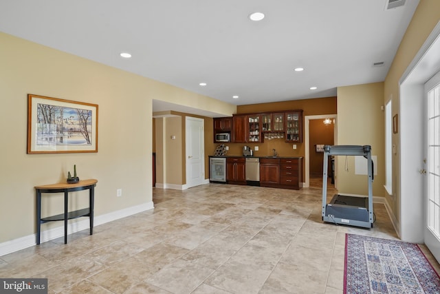 2860 Pfefferkorn Rd, West Friendship, MD 21794 - exercise area with bar with sink, beverage cooler, recessed lighting, and baseboards