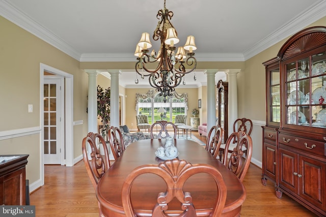 2860 Pfefferkorn Rd, West Friendship, MD 21794 - dining space featuring a chandelier, ornate columns, ornamental molding, and light wood finished floors