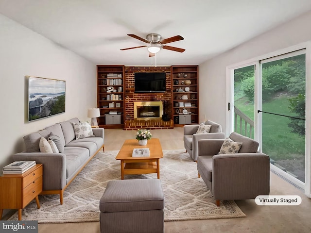 13109 Mica Ct, Silver Spring, MD 20904 - living area with ceiling fan, built in features, and a fireplace