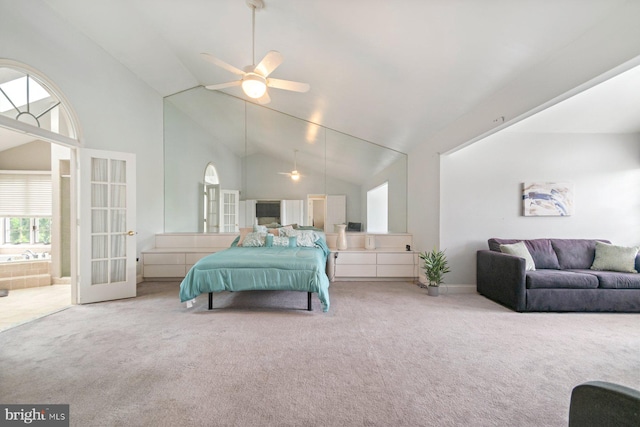 9710 Magledt Rd, Baltimore, MD 21234 - bedroom featuring french doors, carpet, high vaulted ceiling, and a ceiling fan