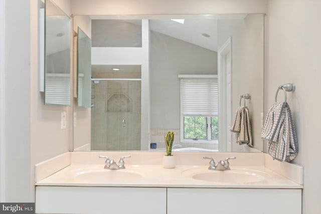9710 Magledt Rd, Baltimore, MD 21234 - bathroom with a shower stall, lofted ceiling, double vanity, and a bath