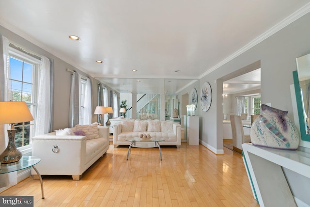 9710 Magledt Rd, Baltimore, MD 21234 - living area featuring crown molding, light wood-style floors, and recessed lighting