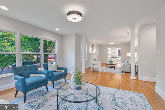 5001 14th St N, Arlington, VA 22205 - living room with ornate columns, baseboards, light wood-type flooring, and recessed lighting