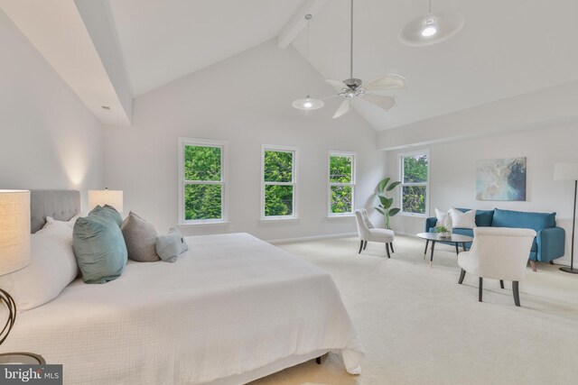 5001 14th St N, Arlington, VA 22205 - carpeted bedroom featuring beam ceiling, high vaulted ceiling, and ceiling fan