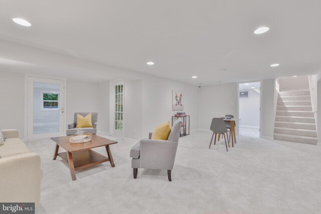 5001 14th St N, Arlington, VA 22205 - living area with light colored carpet, stairs, recessed lighting, and baseboards