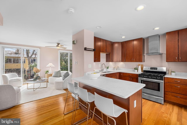320 G St SW, Washington, DC 20024 - kitchen featuring wall chimney exhaust hood, gas range, open floor plan, a sink, and light countertops