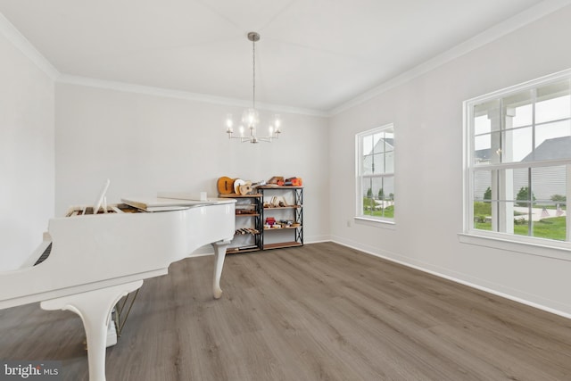 121 Mountain Path Ln, Stafford, VA 22554 - home office with light wood-style flooring, ornamental molding, a chandelier, and baseboards