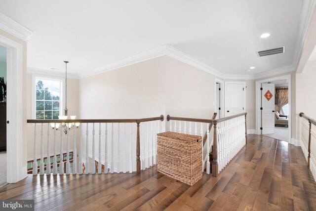 213 Athena Ct, Wilmington, DE 19808 - corridor featuring an upstairs landing, a chandelier, wood-type flooring, recessed lighting, and crown molding