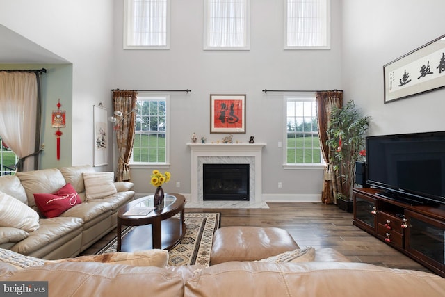 213 Athena Ct, Wilmington, DE 19808 - living area featuring a high ceiling, wood finished floors, a high end fireplace, and baseboards