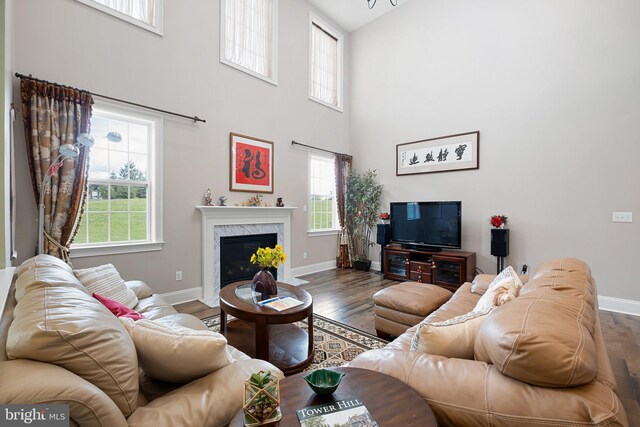 213 Athena Ct, Wilmington, DE 19808 - living room with baseboards, wood finished floors, a high ceiling, and a fireplace