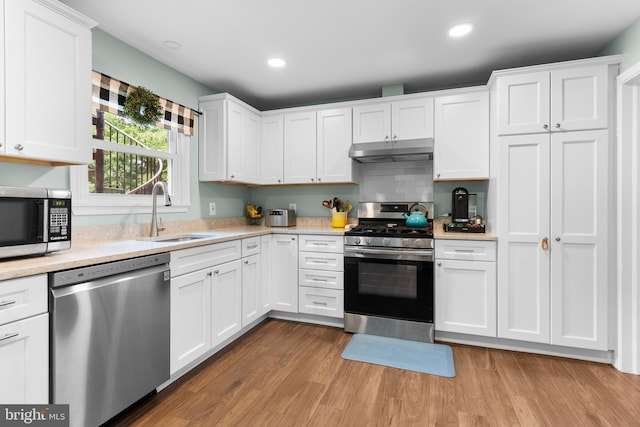 625 Lindley Rd, Glenside, PA 19038 - kitchen with stainless steel appliances, under cabinet range hood, a sink, light countertops, and white cabinets