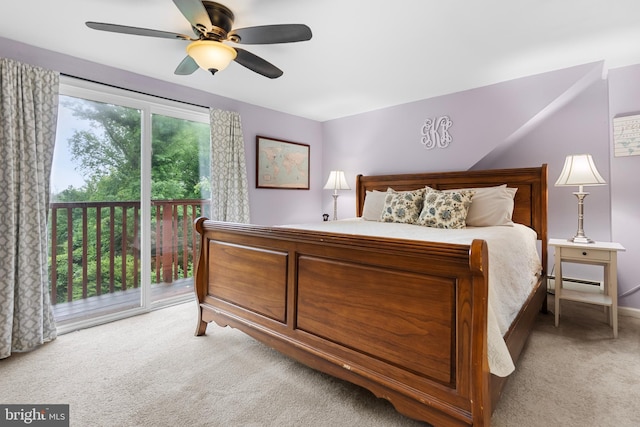 625 Lindley Rd, Glenside, PA 19038 - bedroom featuring light colored carpet, access to outside, a ceiling fan, a baseboard heating unit, and baseboards