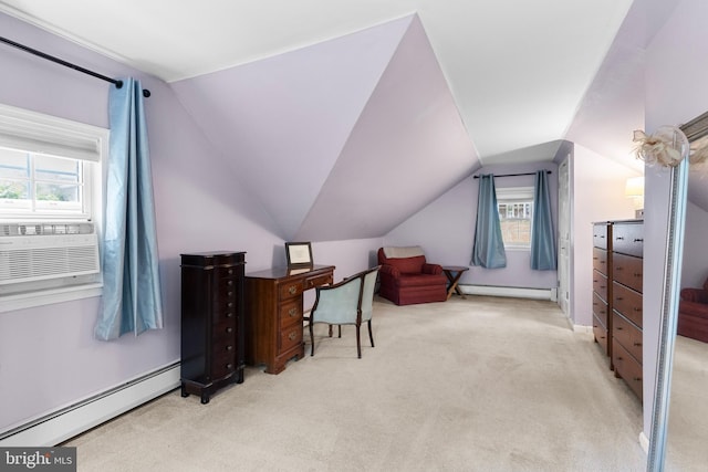 625 Lindley Rd, Glenside, PA 19038 - office area with baseboard heating, a baseboard radiator, light colored carpet, vaulted ceiling, and cooling unit