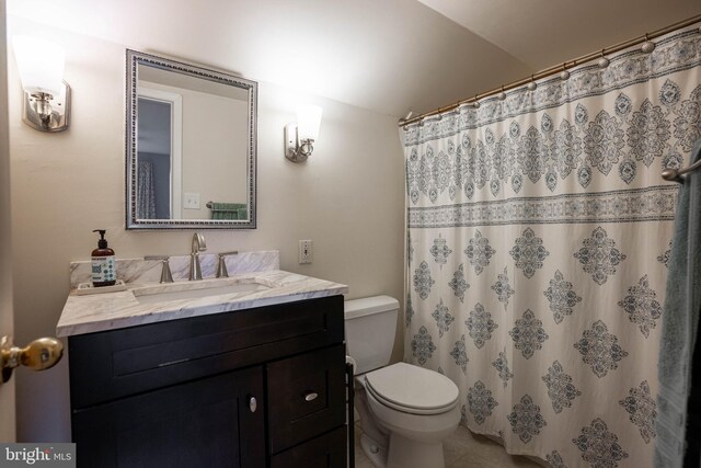625 Lindley Rd, Glenside, PA 19038 - bathroom with vanity, toilet, vaulted ceiling, and a shower with shower curtain