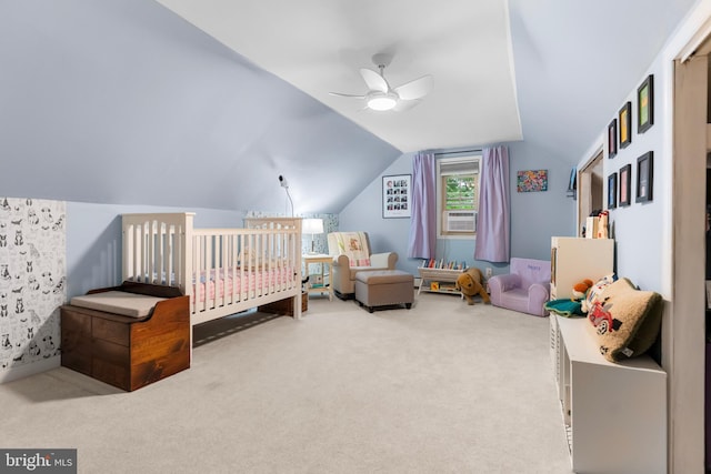 625 Lindley Rd, Glenside, PA 19038 - carpeted bedroom with a nursery area, lofted ceiling, cooling unit, and a ceiling fan
