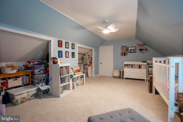 625 Lindley Rd, Glenside, PA 19038 - bedroom featuring carpet flooring, vaulted ceiling, and ceiling fan
