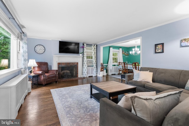 625 Lindley Rd, Glenside, PA 19038 - living room featuring crown molding, dark wood finished floors, a chandelier, and a fireplace