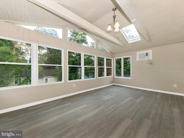 8709 Bradford Rd, Silver Spring, MD 20901 - unfurnished sunroom featuring a skylight, beam ceiling, baseboards, wood finished floors, and high vaulted ceiling