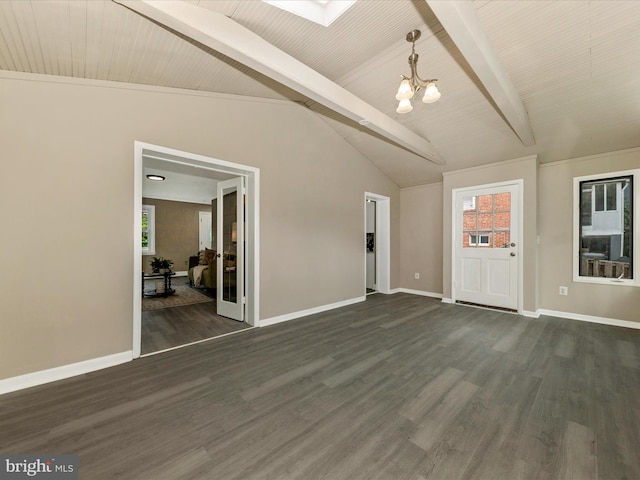 8709 Bradford Rd, Silver Spring, MD 20901 - unfurnished living room with a chandelier, dark wood-type flooring, and baseboards