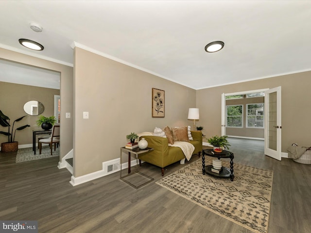 8709 Bradford Rd, Silver Spring, MD 20901 - living room with baseboards, dark wood-style flooring, and crown molding