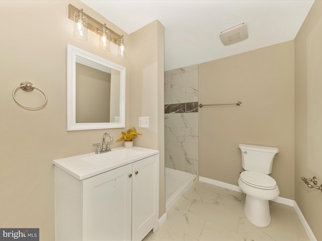 8709 Bradford Rd, Silver Spring, MD 20901 - bathroom with marble look tile flooring, toilet, vanity, a marble finish shower, and baseboards