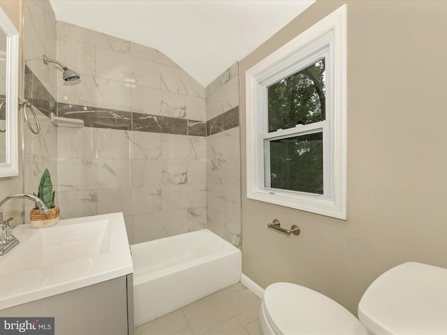 8709 Bradford Rd, Silver Spring, MD 20901 - bathroom with toilet, marble look tile flooring, vanity, baseboards, and vaulted ceiling
