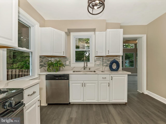 8709 Bradford Rd, Silver Spring, MD 20901 - kitchen with stainless steel dishwasher, a sink, dark wood finished floors, and decorative backsplash