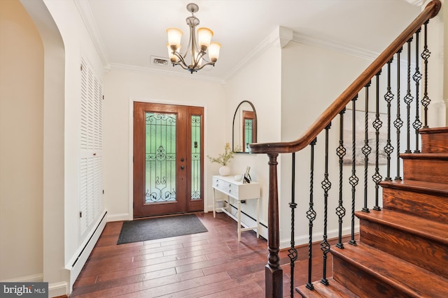 9101 Sligo Creek Pkwy, Silver Spring, MD 20901 - foyer entrance featuring a baseboard radiator, arched walkways, crown molding, a chandelier, and hardwood / wood-style floors
