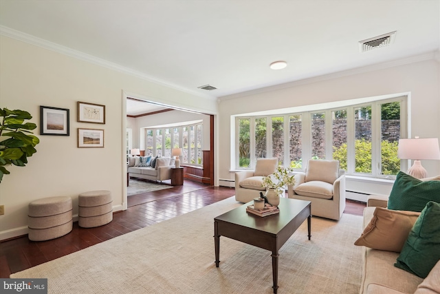 9101 Sligo Creek Pkwy, Silver Spring, MD 20901 - living room with ornamental molding, hardwood / wood-style flooring, and baseboard heating
