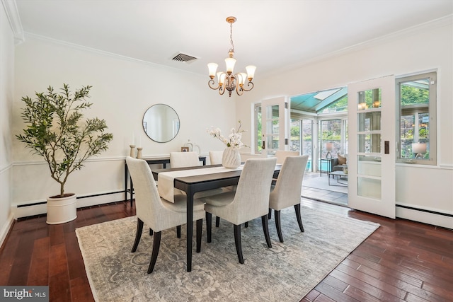9101 Sligo Creek Pkwy, Silver Spring, MD 20901 - dining space featuring a chandelier, crown molding, dark wood-style floors, and a baseboard radiator
