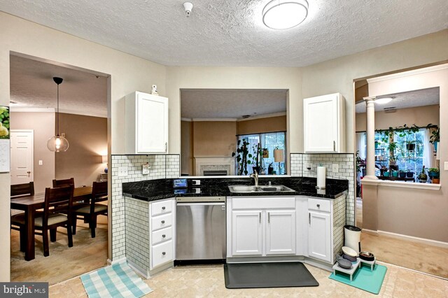9615 Haven Farm Rd Unit 9615G, Perry Hall, MD 21128 - kitchen featuring dishwasher, white cabinetry, decorative backsplash, and a textured ceiling