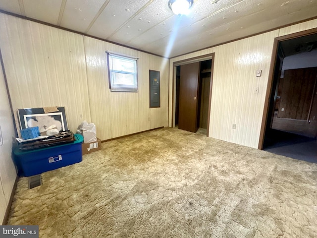 1609 Powell Ave, Hyde, PA 16843 - unfurnished bedroom with electric panel, carpet flooring, and wooden walls