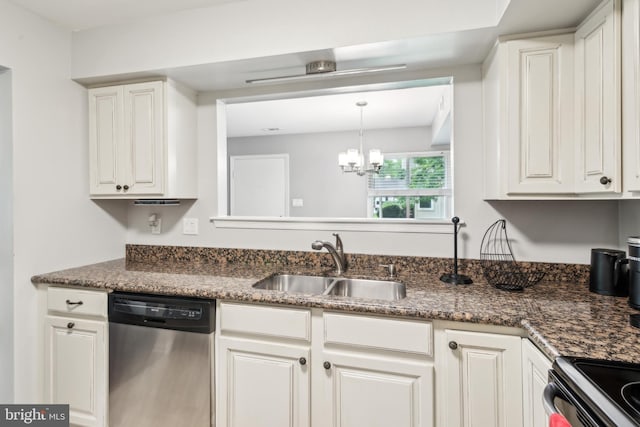169 Woodlake Dr, Marlton, NJ 08053 - kitchen featuring dishwasher, a sink, white cabinetry, and a chandelier