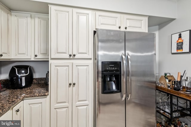 169 Woodlake Dr, Marlton, NJ 08053 - kitchen featuring stainless steel fridge, white cabinets, and dark stone countertops