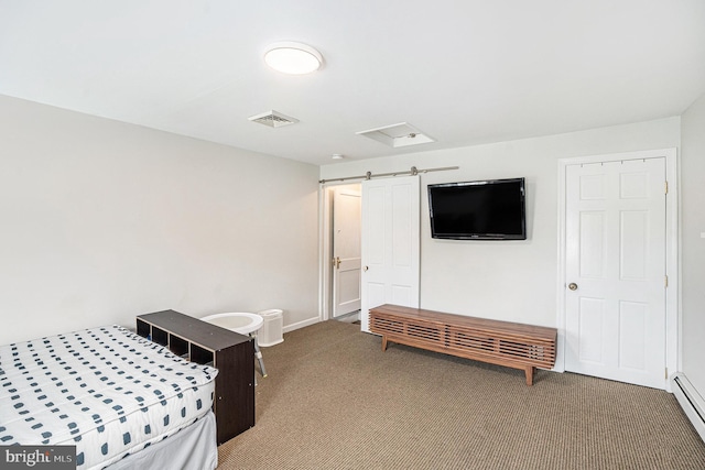 126 Ford St, Conshohocken, PA 19428 - carpeted bedroom featuring a baseboard radiator, a barn door, and baseboards