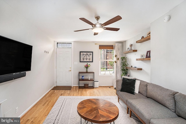 126 Ford St, Conshohocken, PA 19428 - living area featuring light wood-type flooring, a ceiling fan, and baseboards